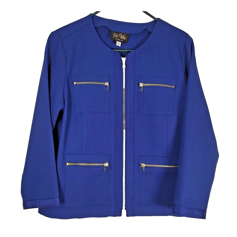Bob Mackie Wearable Art Jacket Womens Medium Blue Zip Front Textured Pockets NWT